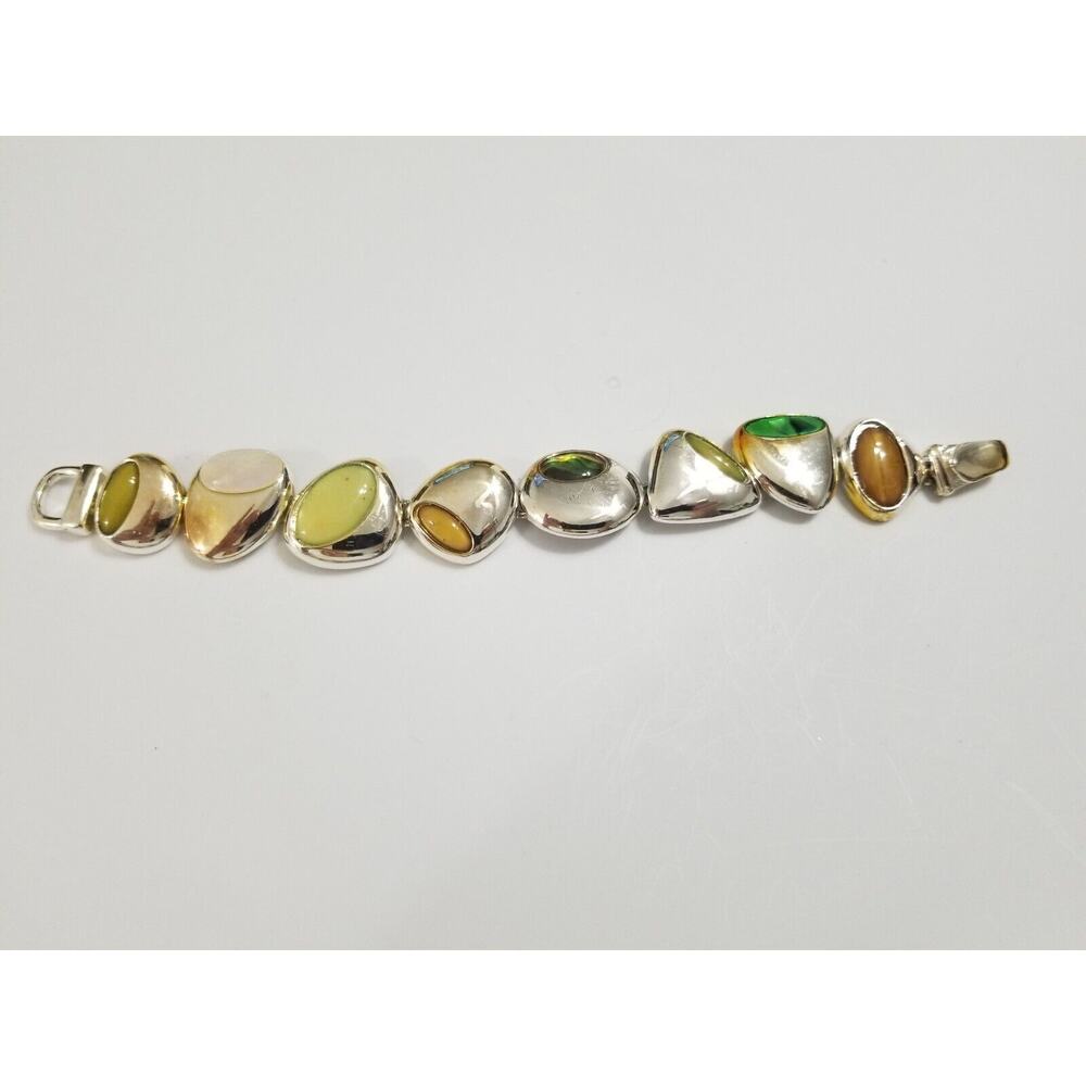 Seven inch silvertone bracelet with inlay stones green yellow b45